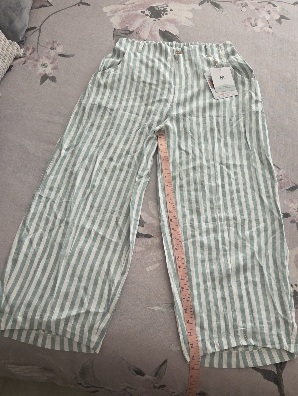 Light Green and White Striped Wide Leg Pants